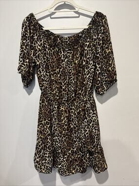 Lilly Pulitzer Off Shoulder Smock Mini Ruffle Romper Dress Leopard Rare Print M